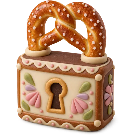 Sugar-paste illustration of a padlock with a pretzel shackle