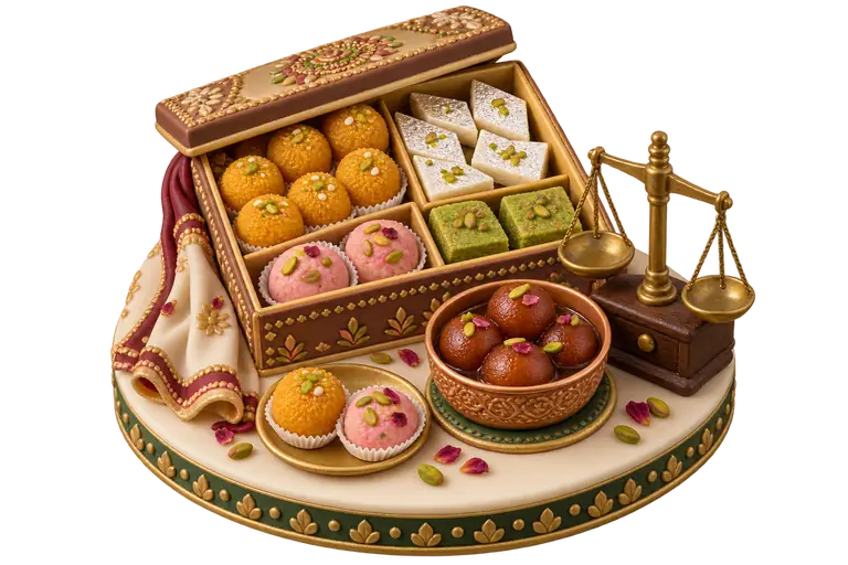 Sugar-paste miniature of a mithai box with laddoos and barfi