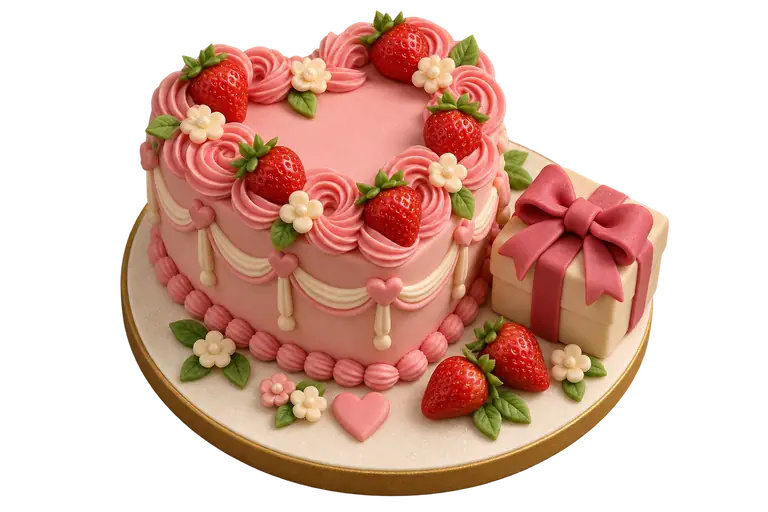Sugar-paste miniature of a heart-shaped cake with pink rosettes