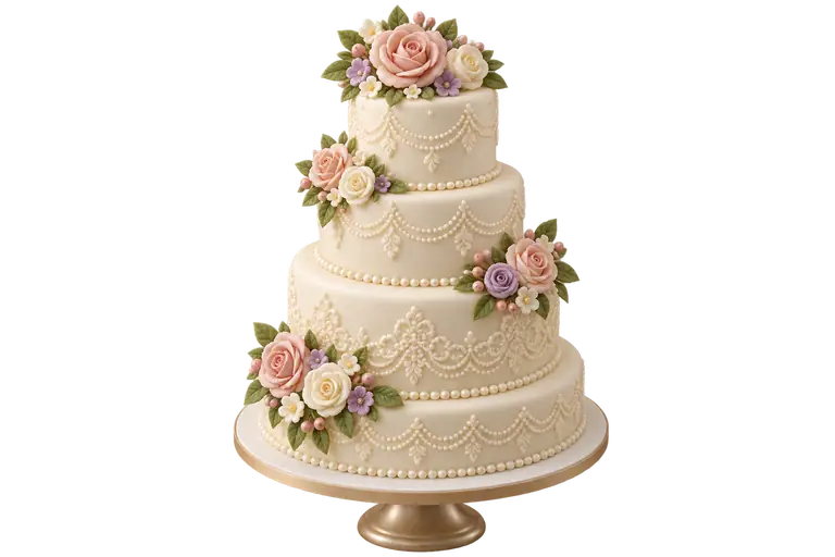 Sugar-paste miniature of a tall white wedding cake with lace piping