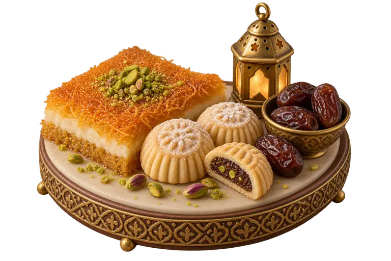 Sugar-paste miniature of kunafa, maamoul and dates beside a lantern