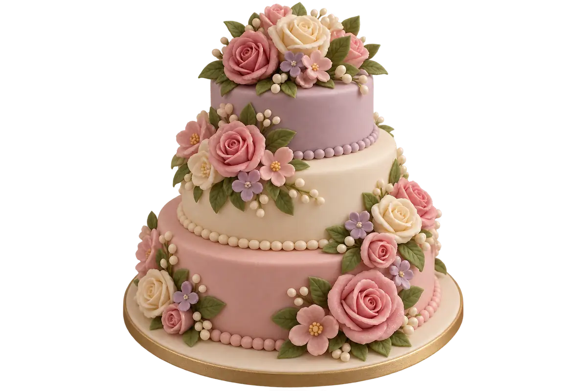 Sugar-paste miniature of a three-tier cake covered in sugar flowers