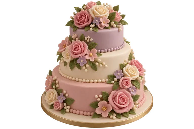 Sugar-paste miniature of a three-tier cake covered in sugar flowers