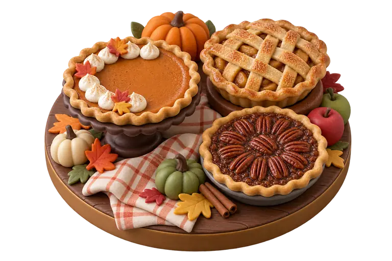 Sugar-paste miniature of pumpkin, apple and pecan pies