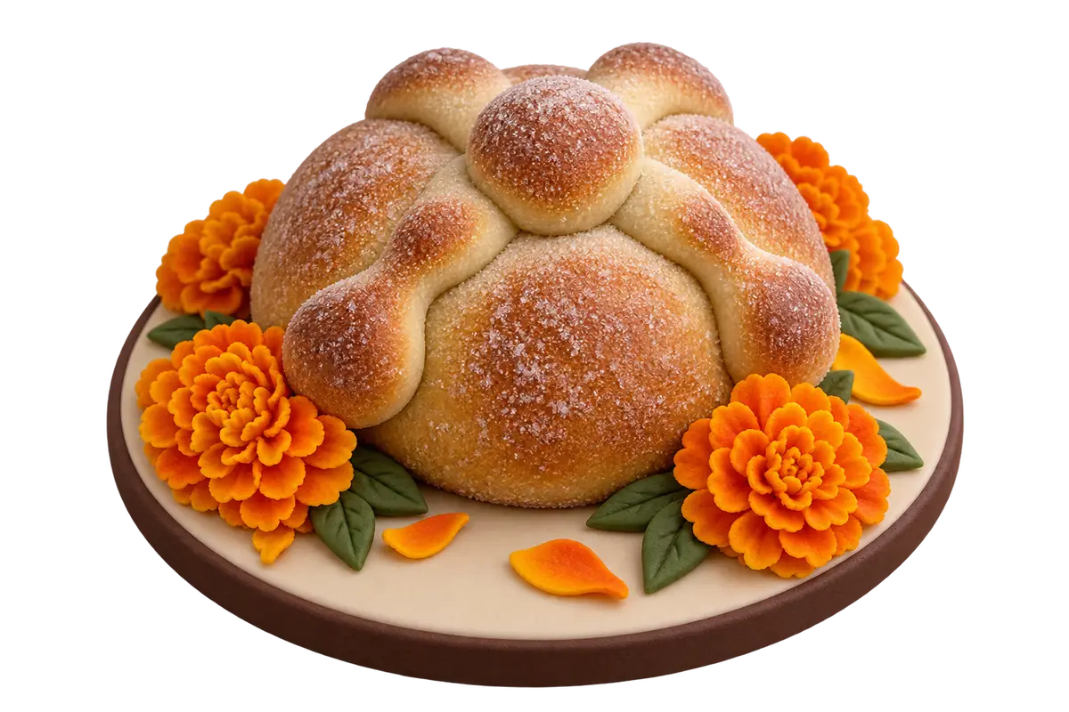 Sugar-paste miniature of pan de muerto with orange marigolds