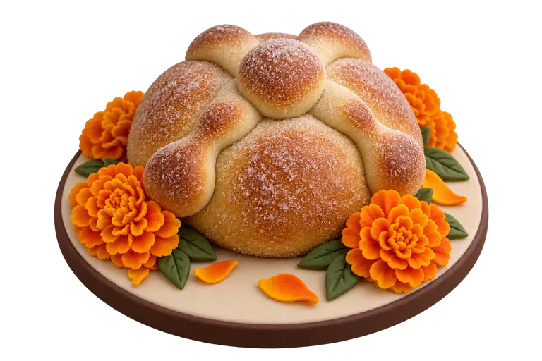 Sugar-paste miniature of pan de muerto with orange marigolds