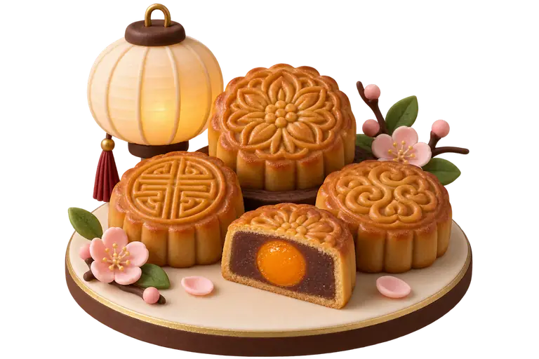 Sugar-paste miniature of mooncakes with a salted egg yolk and a paper lantern